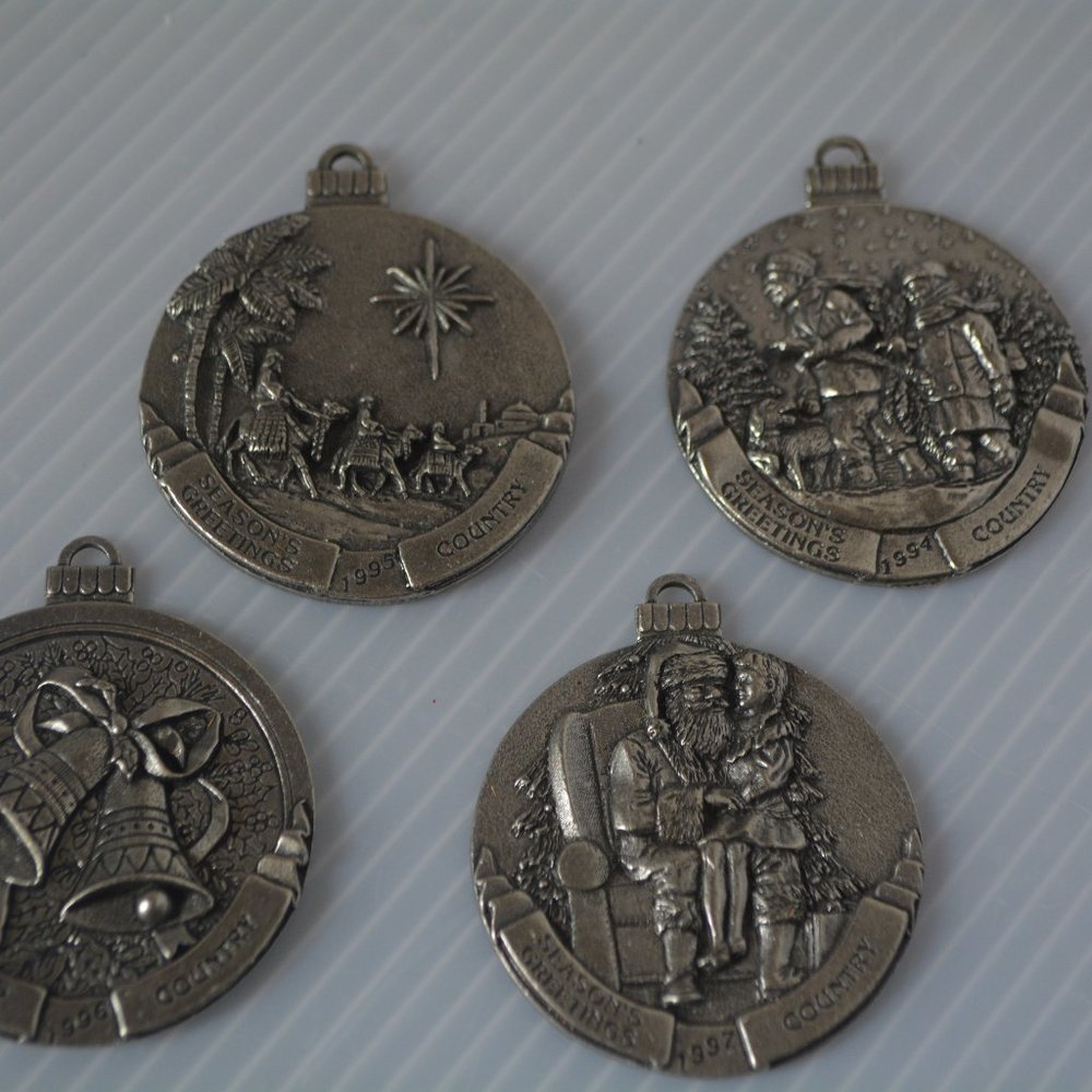 VTG 90's Season's Greetings Country (Magazine) Pewter Christmas Ornament 4pc LOT
